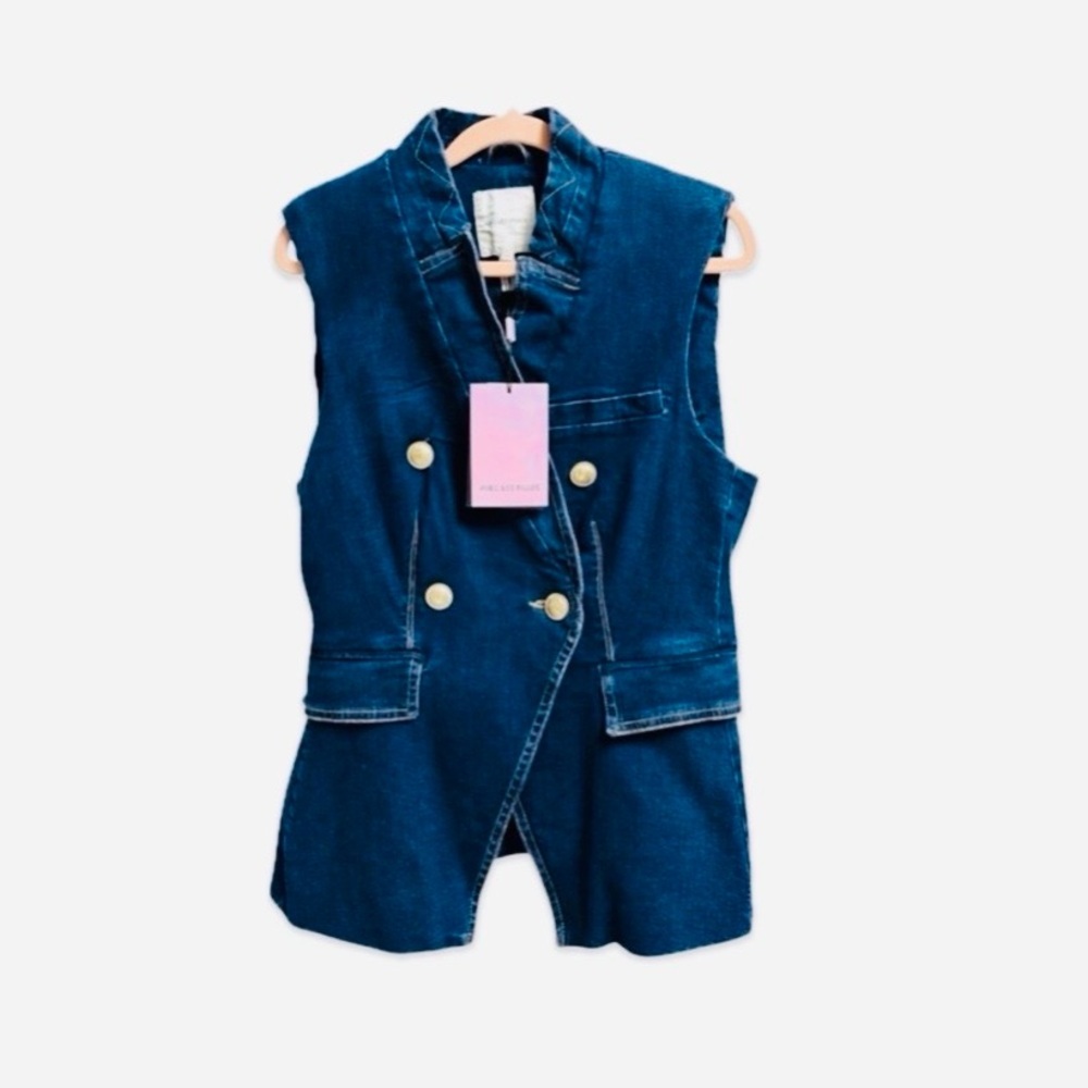 NWT Avec Les Filles Denim Vest with Gold Branded Buttons